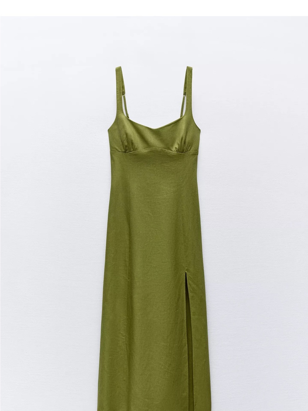 Zara Linen Blend Olive Green Midi Dress with Side Slit
